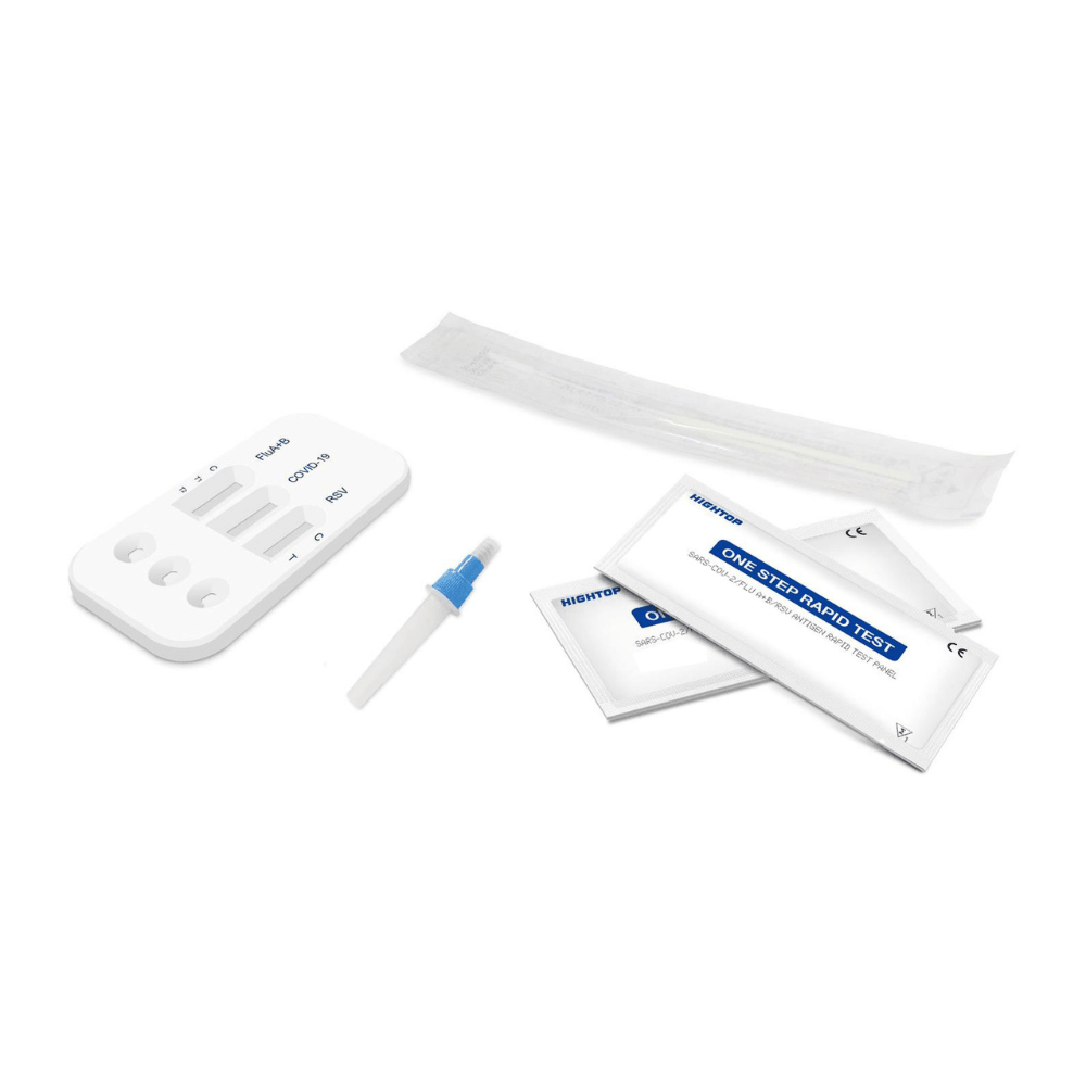 A HighTop Influenza A/B, RSV, COVID-19 Professional Rapid Test – Box of 20 | Package (20 tests) on a white background, including test device, sterile swab, sample extraction buffer, and instruction packets.