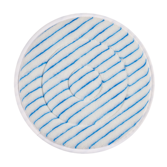 Das Kiehl Microfaserpad der Johannes Kiehl KG ist ein rundes, weißes Reinigungspad mit blauen Diagonalstreifen und Spiralmuster, abgeschlossen mit einem dünnen weißen Rand - ideal für die professionelle Reinigung, abgebildet auf einem schlichten weißen Untergrund.