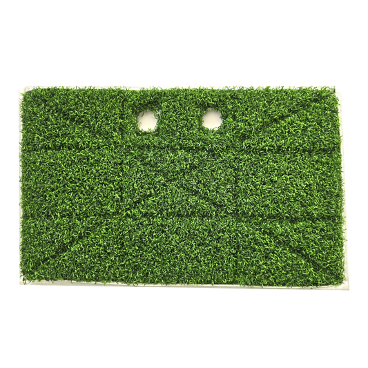 Das Numatic International GmbH Grasspad 390x230 mm, hergestellt aus künstlichem Rasen mit zwei runden Löchern nahe der Oberkante, ist ideal für moderne Innenraumgestaltung und wird vor einem weißen Hintergrund gezeigt.