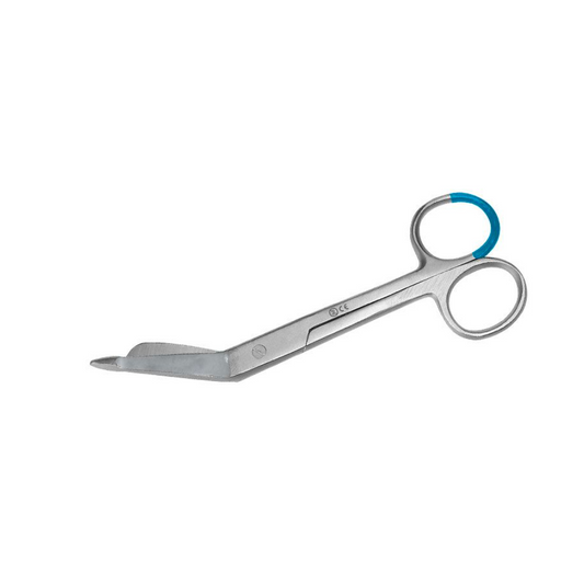 Eine Lister Verbandschere 14,5 cm zum Einmalgebrauch von Servoprax GmbH mit einer Kombination aus Metallklingen und Schlaufengriffen. Die silbernen Griffschlaufen, eine davon mit blauer Beschichtung, sorgen für Präzision. Die abgewinkelten Klingen mit stumpfer Spitze sorgen für sicheres Schneiden und sind somit ideal für den Einsatz als Einweginstrument. Verpackt in Sets zu 25 Stück.
