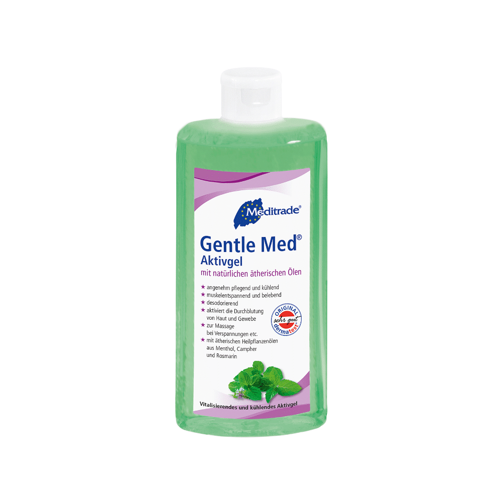Un flacon de 500 ml de Meditrade Gentle Med® Aktivgel de la société Meditrade GmbH, contenant un gel vert rafraîchissant enrichi en huiles essentielles naturelles telles que le menthol et le romarin. L'étiquette allemande est complétée par un bouchon à rabat blanc.