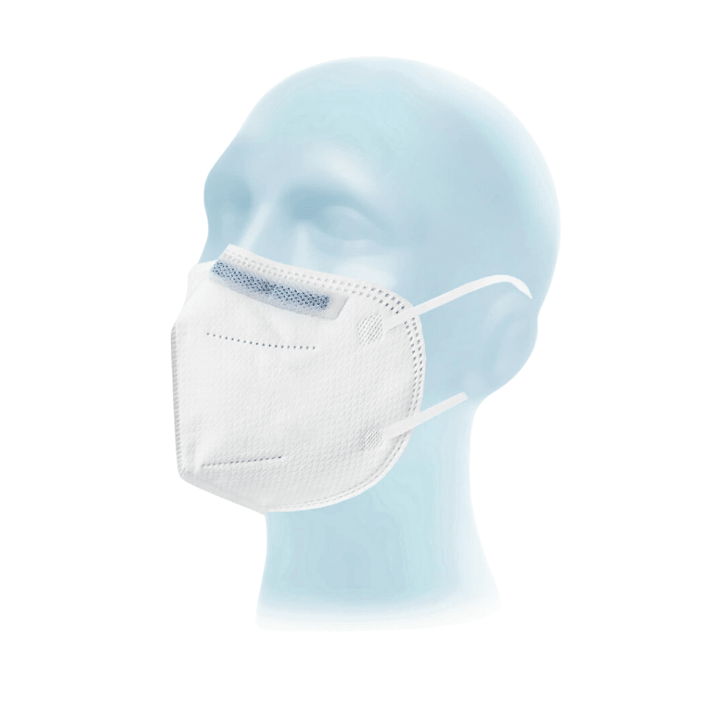 Nell'immagine è raffigurata una testa di manichino da vetrina di colore azzurro con una mascherina protettiva Meditrade Respima FFP2 NR | Confezione (20 pezzi) della Meditrade GmbH, dotata di elastici auricolari e di una striscia nasale blu su sfondo bianco.