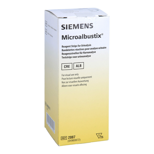 Die weiß-gelbe Servoprax Microalbustix Harnteststreifen-Box (25 Stück) ist mit mehrsprachigem Text versehen, hebt CRE- und ALB-Tests für das Mikroalbuminurie-Screening hervor und wird für die Urinanalyse visuell ausgewertet.