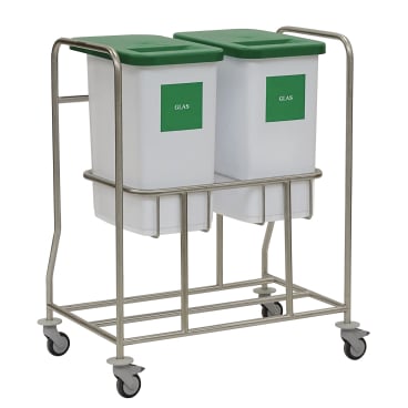 Der Novocal Wertstoffsammler Kombisammler besteht aus einem Edelstahlrahmen mit vier Rädern, der zwei weiße Behälter mit der Aufschrift "GLAS" und grünen Deckeln trägt, die für eine effiziente Mülltrennung nebeneinander befestigt sind.