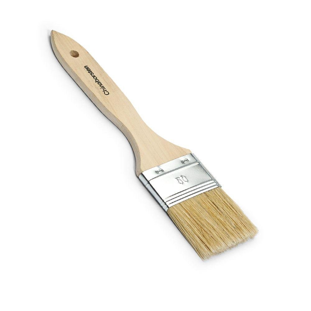 Der Nölle Profi Brush Flachpinsel 1 von Nölle Profi Brush Bürsten- & Pinseltechnik e.K. Verfügt über einen Holzgriff und Weißblechzwinge, ein ergonomisches Design, beige Borsten in einer hellen Borstenmischung, flache Form und ein Aufhängeloch für Vielseitigkeit.