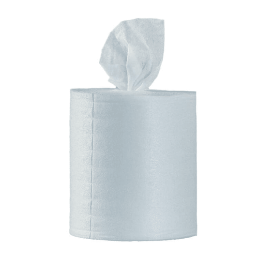 Eine Rolle Optimum11 BestWipes feuchte Desinfektionstücher mit einem einzelnen, teilweise von oben abgerollten Blatt liegt elegant vor einem schlichten, weißen Hintergrund. Die makellose weiße Farbe unterstreicht die Reinheit und Sauberkeit und macht sie zur idealen Wahl für die Aufrechterhaltung der Hygiene.