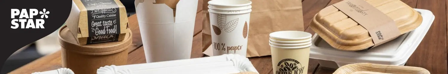 Papstar-Banner mit einer Auswahl an umweltfreundlichen Pappverpackungen wie Tassen, Schalen und Takeaway-Boxen. Die Produkte sind aus 100 % Papier und betonen nachhaltige Lösungen für die Gastronomie.