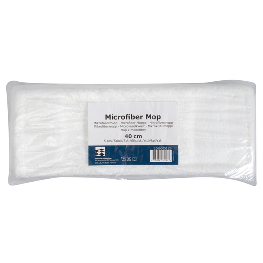 Der Abena Re-Seller GmbH Mikrofasermopp Standard, Weiß, ist eine rechteckige 40 cm große 5er-Nachfüllpackung mit blau-weißem Etikett - ideal für die nachhaltige Reinigung.