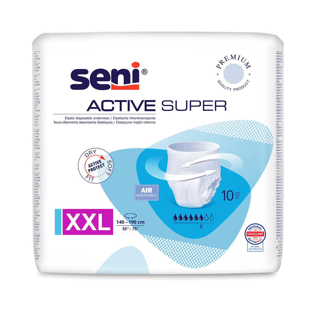 Un lot de 10 Seni Culottes d'incontinence Active Super XXL (tour de taille 140-190 cm) de TZMO Deutschland GmbH, destinées aux fuites urinaires, dotées de la technologie respirante AIR, d'une protection contre l'humidité et d'un label de qualité sur fond blanc.