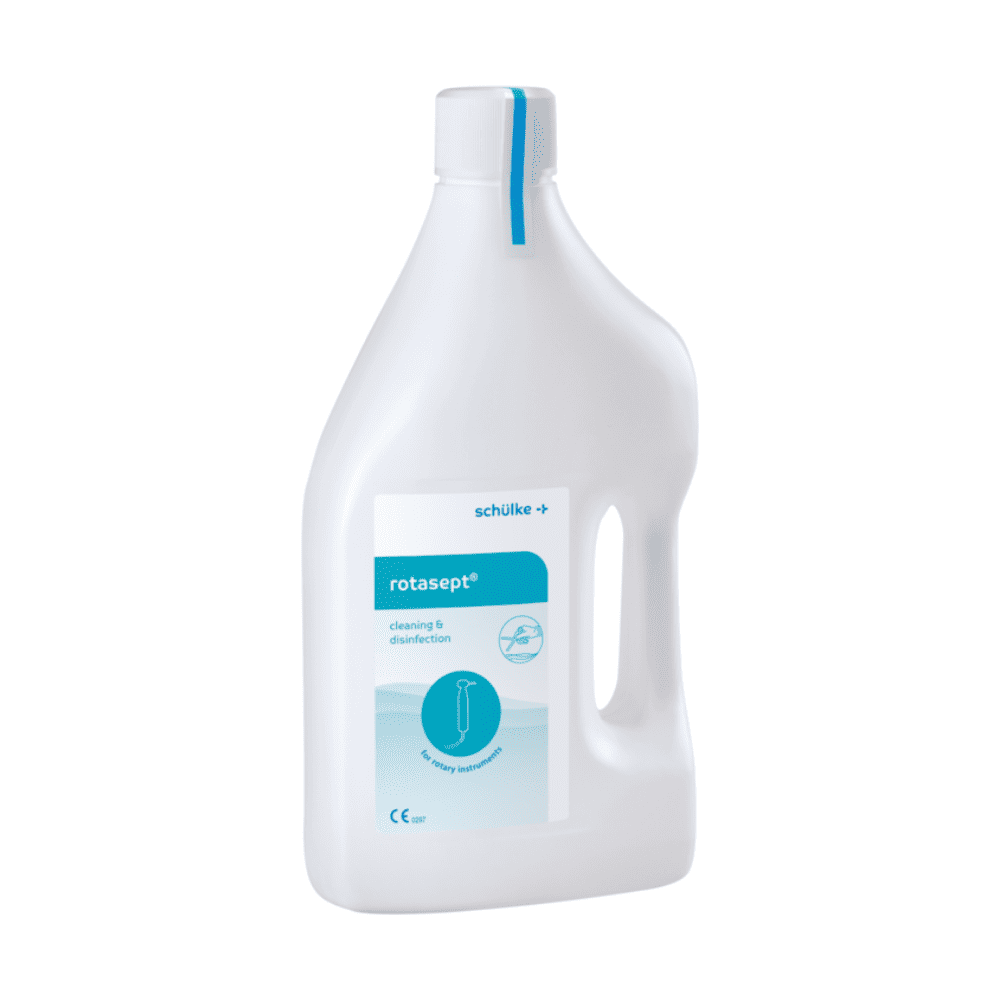 La solution prête à l'emploi Rotasept® (2 l) de la société Schülke & Mayr GmbH est conditionnée dans un flacon en plastique blanc muni d'une poignée. Outre les informations sur le produit, l'étiquette comporte également des illustrations d'instruments en rotation, qui indiquent que ce produit est destiné à la désinfection des instruments.
