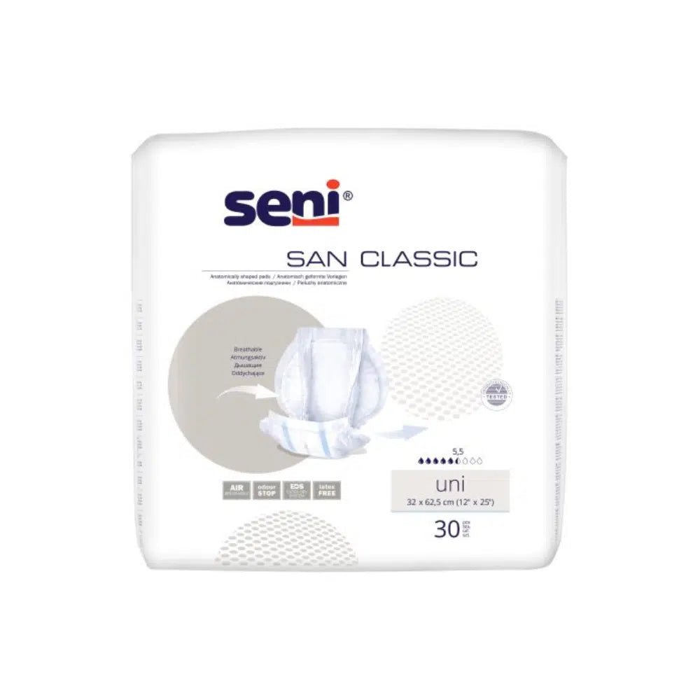 L'immagine mostra una confezione di San Seni Assorbente per l'incontinenza Classic Uni della TZMO Deutschland GmbH. La confezione è prevalentemente bianca con dettagli blu e beige e riporta un testo con le indicazioni relative alla capacità assorbente e alle dimensioni. Per un maggiore comfort, la confezione contiene 30 assorbenti.