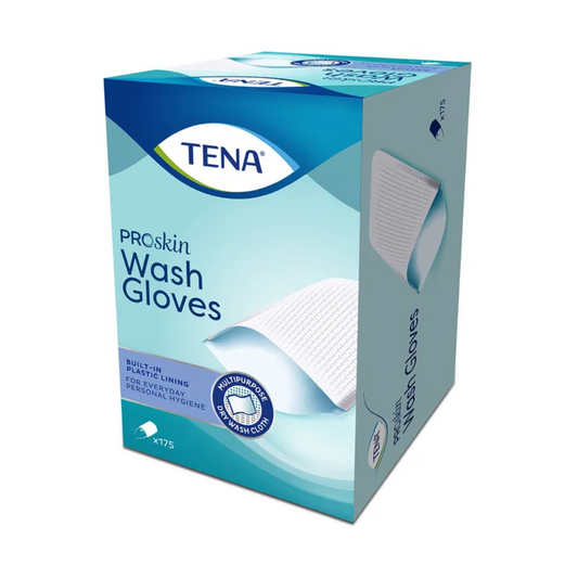 Das Bild zeigt eine Schachtel TENA Wash Gloves Waschhandschuhe von TENA - Essity Germany GmbH mit einem blau-weißen Design, das das latexfreie Kunststofffutter zur Körperreinigung hervorhebt. Die Verpackung gibt an, dass 175 Handschuhe enthalten sind, perfekt für die persönliche Hygiene.
