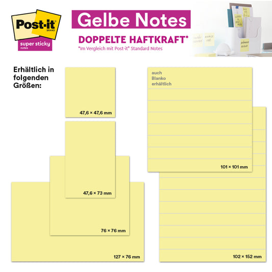 Eine Anzeige für die Post-it® Notes in Gelb (101 mm x 101 mm, 200 Blatt/Block) der 3M Deutschland GmbH zeigt vier gelbe Haftnotizgrößen - idealer Bürobedarf - mit einem Display und Logo darüber. Produkt: 100% PEFC-zertifiziert, SGSCH-PEFC-COC-110078.