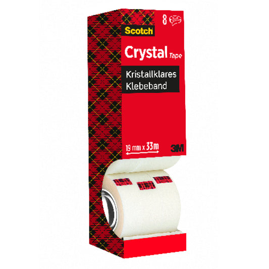 Eine Packung Scotch® Crystal Klebeband der 3M Deutschland GmbH mit 8 transparenten Rollen (19 mm x 33 m) in einer rot-schwarz-gelb karierten Schachtel mit der Aufschrift "Crystal Tape" und dem 3M Logo.