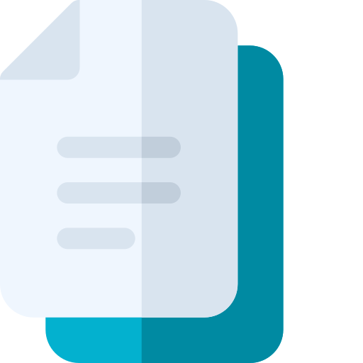 Ein Symbol, das zwei überlappende Blätter Papier darstellt. Das vordere Blatt ist weiß mit einer gefalteten oberen rechten Ecke und enthält drei horizontale Zeilen, die Text darstellen. Das hintere Blatt ist blaugrün und teilweise sichtbar. Der Hintergrund ist schlicht weiß.