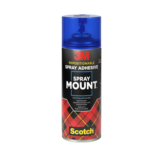 Eine 400-ml-Dose 3M™ Scotch® SprayMount™ Klebespray der 3M Deutschland GmbH mit blauem Verschluss und kariertem Etikett mit der Aufschrift "Spray Mount" und "Scotch".