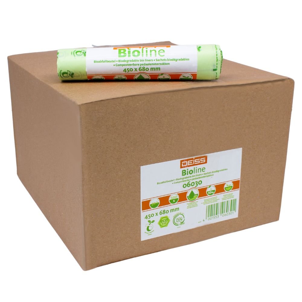 A large brown cardboard box labeled “EMIL DEISS KG (GmbH + Co.)” with a roll of DEISS 30-liter organic waste bags, 06030, inside. The roll measures 450 x 680 mm and is marked with symbols indicating that the bags are compostable and biodegradable.