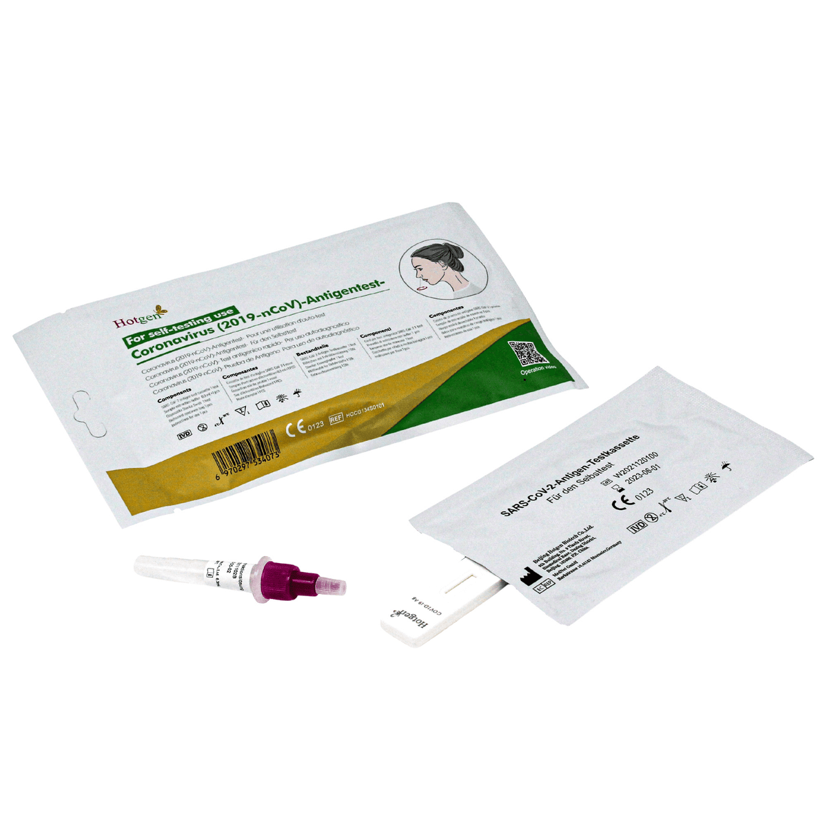 Le kit de test rapide antigénique Sars-CoV-2 pour grand public CE0123 de la marque Hotgen contient un test par boîte, une bandelette de test scellée, un petit flacon muni d'un bouchon violet et une notice d'utilisation rehaussée de touches de vert et de jaune.