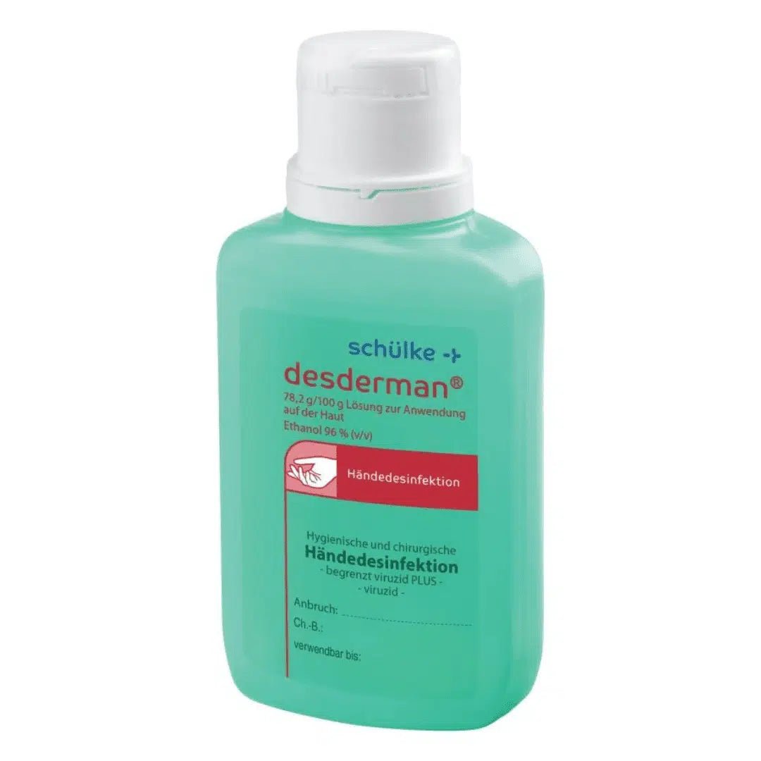 Un flacone di disinfettante per le mani Schülke desderman® con etichetta turchese e tappo bianco, recante testi e immagini che ne indicano l’uso per la disinfezione virucida delle mani, contiene 78,2 g di etanolo per