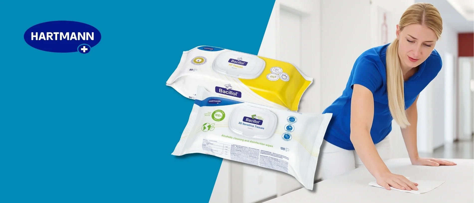 Packung mit Bacillo-Sensitiv-Tüchern, weißer Kunststoffbeutel mit Klappdeckel. Desinfektionsmittel „30 Sensitiv-Tücher“