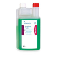 A 1-liter clear plastic bottle of Dr. Schumacher GmbH's Dr. Schumacher DESCOTON FORTE, a green liquid for instrument disinfection, features a white-and-purple label and a red cap on the dosing chamber.