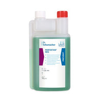 Una bottiglia di plastica da 1 litro della Dr. Schumacher GmbH PERFEKTAN® NEU contenente un liquido verde, con tappo rosso ed etichetta bianca – ideale per la disinfezione delle superfici in ambienti igienici.