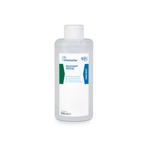 Una bottiglia trasparente da 500 ml della Dr. Schumacher GmbH con la scritta "Dr. Schumacher Descosept Spezial, disinfezione rapida", con tappo bianco e etichetta con accenti blu-verdi, ideale per la disinfezione rapida senza alcol di attrezzature mediche.