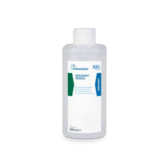 A 500-ml clear plastic bottle from Dr. Schumacher GmbH labeled "Dr. Schumacher Descosept Spezial, Rapid Disinfection," with a white cap and a label featuring blue and green accents, ideal for alcohol-free rapid disinfection of medical equipment.