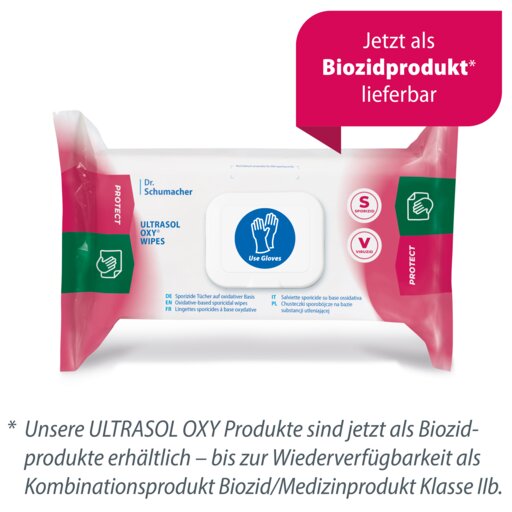 A pack of Dr. Schumacher Ultrasol Oxy Wipes Disinfection Wipes (108 wipes) is marked with the blue "Use Gloves" symbol and indicates its availability as a biocidal product, with the German text emphasizing its use for medical inventory.