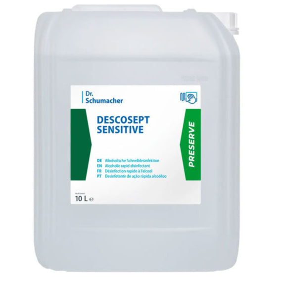 Un conteneur en plastique de 10 litres de Dr. Schumacher GmbH Descosept Sensitive désinfection rapide, avec une étiquette blanc-vert et un bouchon blanc en haut à droite - idéal pour l'inventaire médical.