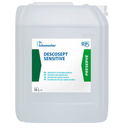 Un conteneur en plastique de 10 litres de Dr. Schumacher GmbH Descosept Sensitive désinfection rapide, avec une étiquette blanc-vert et un bouchon blanc en haut à droite - idéal pour l'inventaire médical.