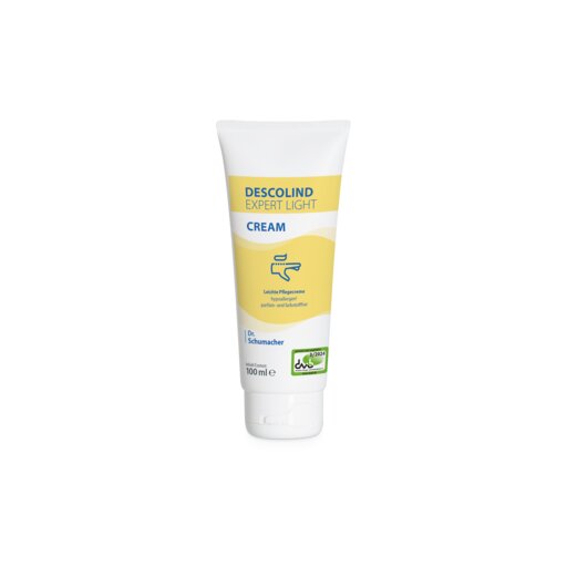 Un tube de 100 ml de crème pour les mains Dr. Schumacher DESCOLIND EXPERT LIGHT CREAM de Dr. Schumacher GmbH, avec un couvercle blanc et une étiquette jaune-bleu, se tient debout sur un fond blanc - idéal pour les peaux sensibles et hypoallergénique.