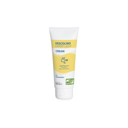 Un tube de 100 ml de crème pour les mains Dr. Schumacher DESCOLIND EXPERT LIGHT CREAM de Dr. Schumacher GmbH, avec un couvercle blanc et une étiquette jaune-bleu, se tient debout sur un fond blanc - idéal pour les peaux sensibles et hypoallergénique.