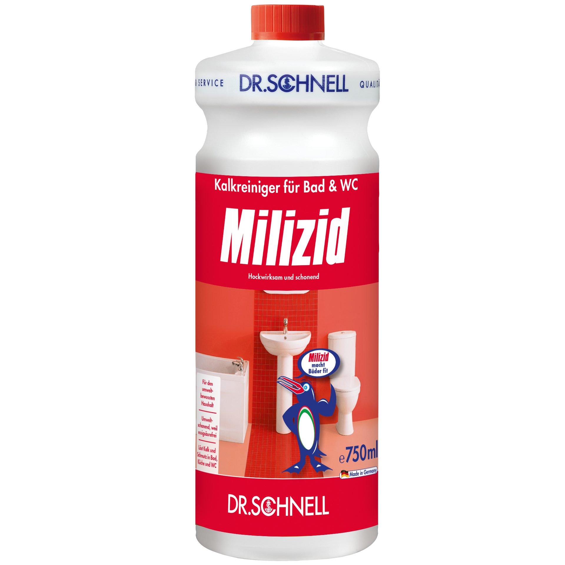 Die 750 ml Flasche Dr. Schnell MILIZID KALKREINIGER der DR.SCHNELL GmbH & Co. KGaA mit rot-weißem Etikett und Badmotiv ist ein kraftvoller Entkalker für die Reinigung von Bad und Toilette.
