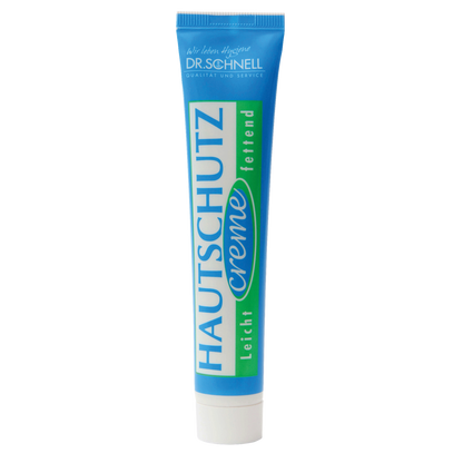 Eine Tube der DR.SCHNELL GmbH & Co. KGaA DR.SCHNELL'S HAUTSCHUTZCREME (50 x 50 ml) in den Farben Blau, Grün und Weiß ist mit einer deutschen Aufschrift versehen, die sie als leichte Schutzcreme für die Haut kennzeichnet.