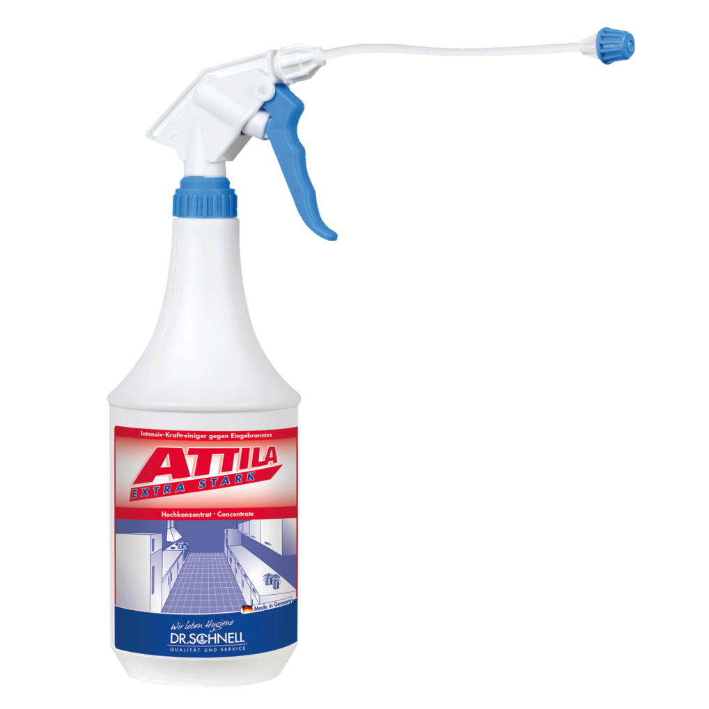 Weiße 1L Sprühflasche mit blauem Auslöser und der Aufschrift "Dr. Schnell ATTILA EXTRA STARK Grill- und Backofenreiniger, Küchenhygiene" der DR.SCHNELL GmbH & Co. KGaA, mit einem rot-blauen Etikett mit deutschem Text für Küchenhygiene.