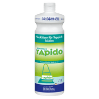 A 1-liter plastic bottle of DR.SCHNELL RAPIDO stain remover for carpets and upholstery by DR.SCHNELL GmbH & Co. KGaA, with a blue cap, a white-and-green label featuring German text, and a carpet-cleaning symbol.