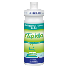 Eine 1-Liter-Kunststoffflasche DR.SCHNELL RAPIDO Flecklöser für Teppiche und Polster von DR.SCHNELL GmbH & Co. KGaA, mit blauem Verschluss, weiß-grünem Etikett mit deutschem Text und einem Teppichreinigungssymbol.