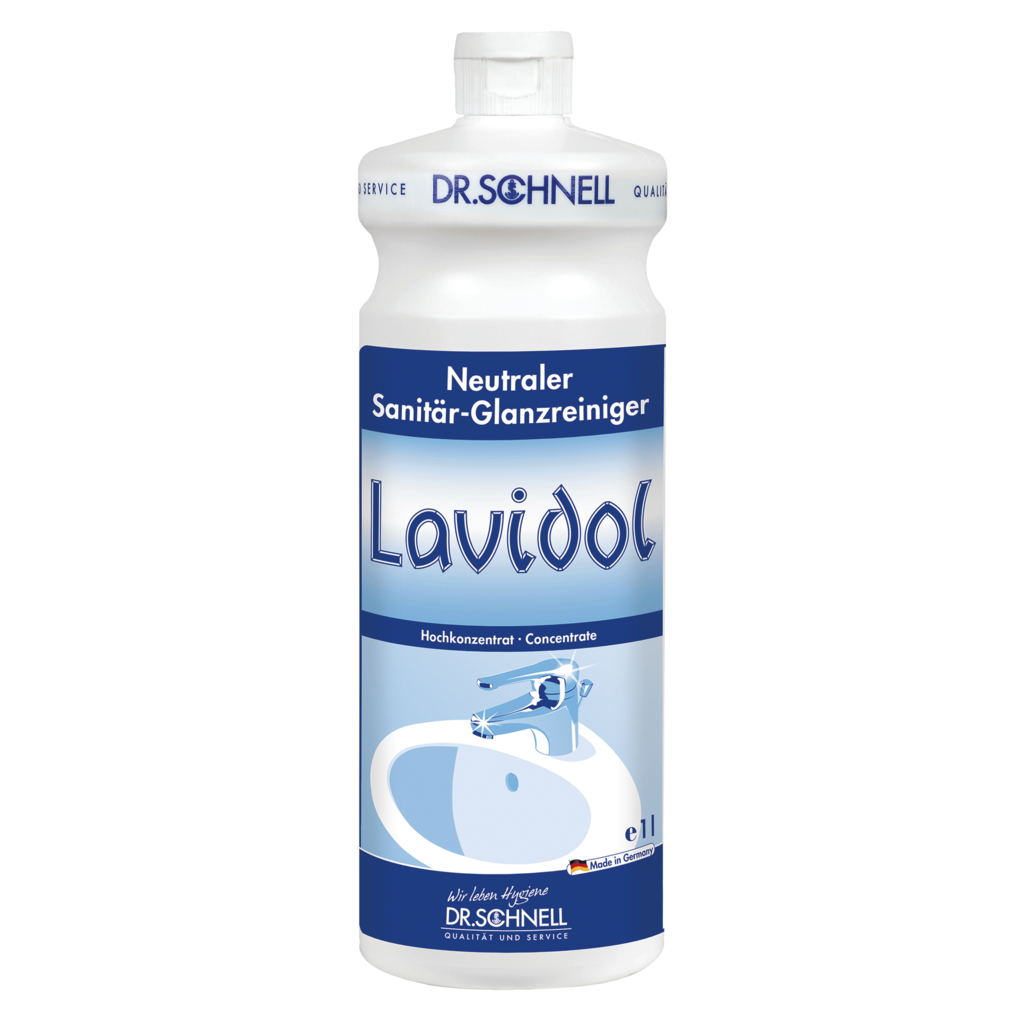 Eine weiß-blaue 1-Liter-Flasche Dr. Schnell LAVIDOL Sanitärreiniger der DR.SCHNELL GmbH & Co. KGaA ist mit deutschem Text und der Abbildung eines Waschbeckens und eines Wasserhahns versehen und enthält konzentrierten neutralen Sanitärreiniger.