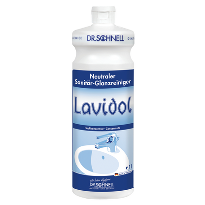 Eine weiß-blaue 1-Liter-Flasche Dr. Schnell LAVIDOL Sanitärreiniger der DR.SCHNELL GmbH & Co. KGaA ist mit deutschem Text und der Abbildung eines Waschbeckens und eines Wasserhahns versehen und enthält konzentrierten neutralen Sanitärreiniger.