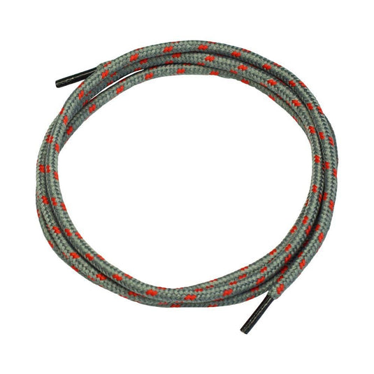 AS Arbeitsschutz GmbH NITRAS Schnürsenkel grau/rot (120 cm, 1 Paar) mit roten Mustern und schwarzen Enden – stilvoll auf weißem Hintergrund präsentiert.