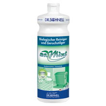 Eine 1L Flasche DR.SCHNELL MR.MINT Probiotischer Reiniger und Geruchstilger für Räume von DR.SCHNELL GmbH & Co. KGaA, mit einem grün-weißen Etikett, auf dem ein grüner Mop-Eimer auf einem gefliesten Boden abgebildet ist.