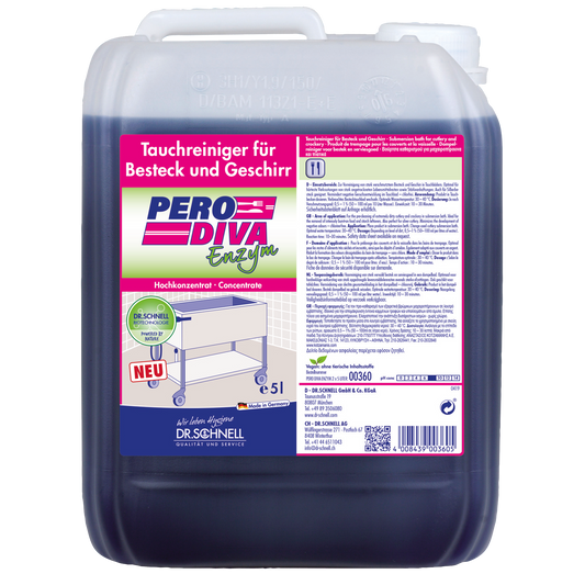 Ein 5-Liter-Kunststoffbehälter des Dr. Schnell PERO DIVA Tauchbadreinigers für Küchen- und Lebensmittelhygiene der DR.SCHNELL GmbH & Co. KGaA, mit rosafarbenem und weißem Etikett mit Produktinformationen, Anweisungen und Bildern von glitzerndem Geschirr.