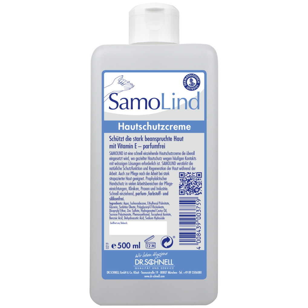 Eine 500 ml Flasche Dr. Schnell SAMOLIND Hautschutz der DR.SCHNELL GmbH & Co. KGaA mit blau-weißer Beschriftung, Produktdetails, Barcode, QR-Code und Text zum Hautschutz mit Vitamin E für die professionelle Anwendung.