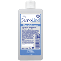 Eine 500 ml Flasche Dr. Schnell SAMOLIND Hautschutz der DR.SCHNELL GmbH & Co. KGaA mit blau-weißer Beschriftung, Produktdetails, Barcode, QR-Code und Text zum Hautschutz mit Vitamin E für die professionelle Anwendung.