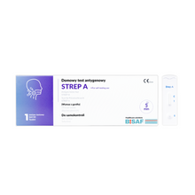 Eine rechteckige Schachtel mit der Aufschrift "Strep A - Bisaf Selftest | Packung (1 Stück)" von Altruan, mit einer polnischen Anleitung, einer Grafik für Kopf und Rachen und einer Strep-A-Testkassette. Das BISAF-Logo befindet sich in der unteren rechten Ecke.