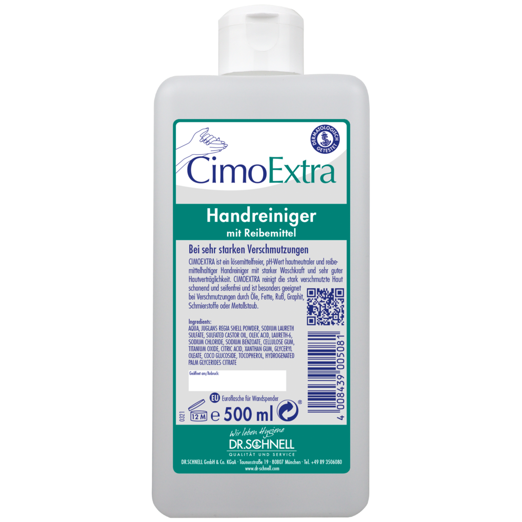 Eine weiße 500 ml Flasche Dr. Schnell CIMOEXTRA Spenderflaschen Hautreinigung der DR.SCHNELL GmbH & Co. KGaA, mit Flip-Top-Verschluss, blauer und grüner Schrift, Barcode auf der Vorderseite und überwiegend deutscher Kennzeichnung für hautfreundliche Reinigung.