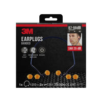 The image shows a package of 3M™ 1310 Over-the-Ear Earplugs with 2 pairs of replacement earplugs. The package lists an SNR of 24–25 dB (depending on fit), features from 3M Deutschland GmbH, and symbols indicating comfort, neck-worn design, and reusability.