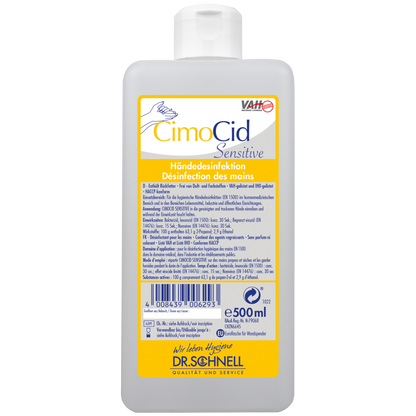 Eine 500 ml Flasche Dr. Schnell CIMOCID SENSITIVE Händedesinfektion von DR.SCHNELL GmbH & Co. KGaA, mit gelb-weißem Etikett in deutscher und französischer Sprache mit Produktinformation, Barcode, Markenlogo und Hinweis auf die sanfte und dennoch wirksame Keimreduktion.