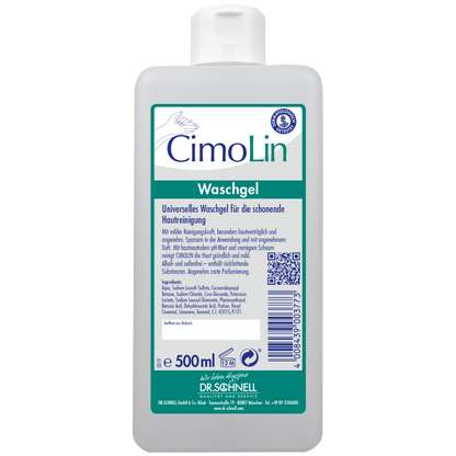 Eine weiße 500 ml Dr. Schnell CIMOLIN Spenderflaschen Hautreinigung von DR.SCHNELL GmbH & Co. KGaA mit grüner Kappe und deutschem Etikett - ideal für die sanfte Pflege und effektive Reinigung der Haut.